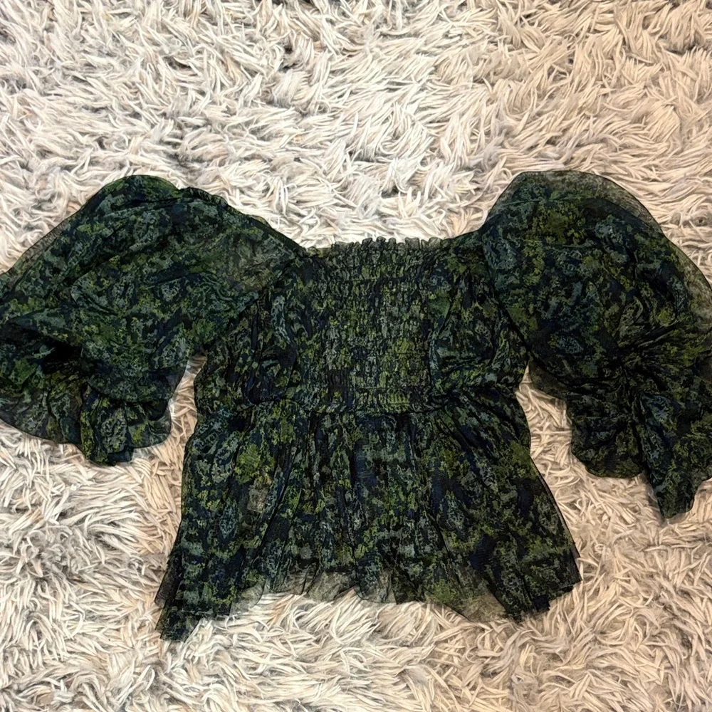 Free People Penelope BOHO Green Floral Square Neck Puff Sleeve Crop Top Shirt